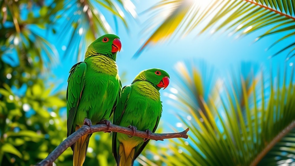 observing vibrant green parakeet