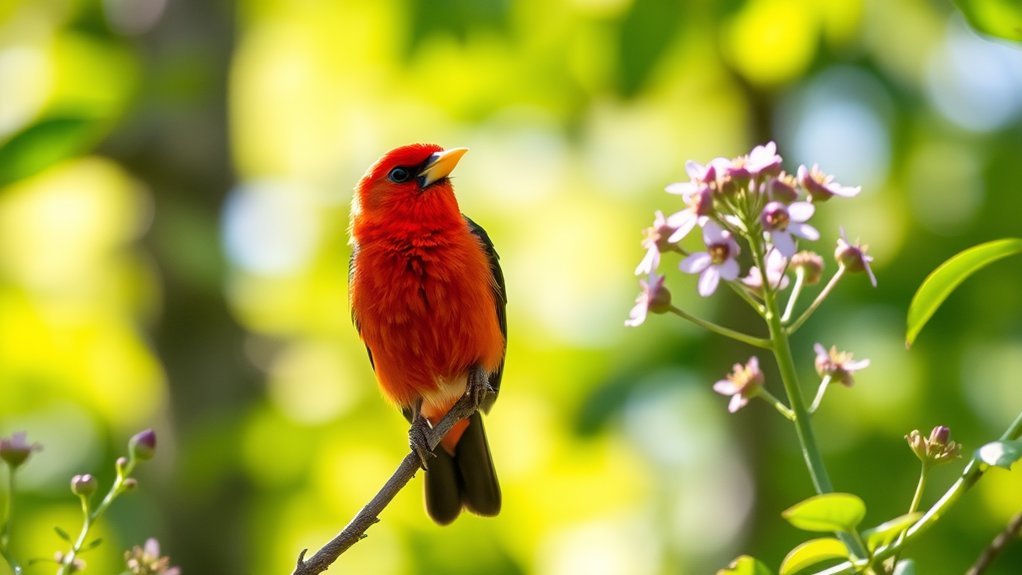 vibrant red forest bird